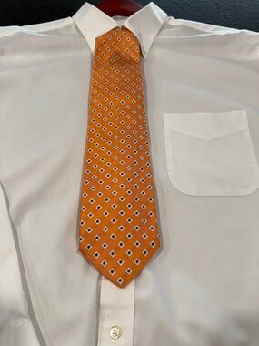 Paul Stuart Orange Silk NeckTie with Navy & White Diamond Pattern